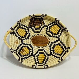 Vtg Hand Made Straw Coil Basket Tray Wood Insert With Handles African or Native